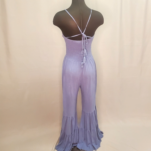MainStrip Blue Cotton Boho Jumpsuit Flair Legs Ruffles Size L - Picture 5 of 6